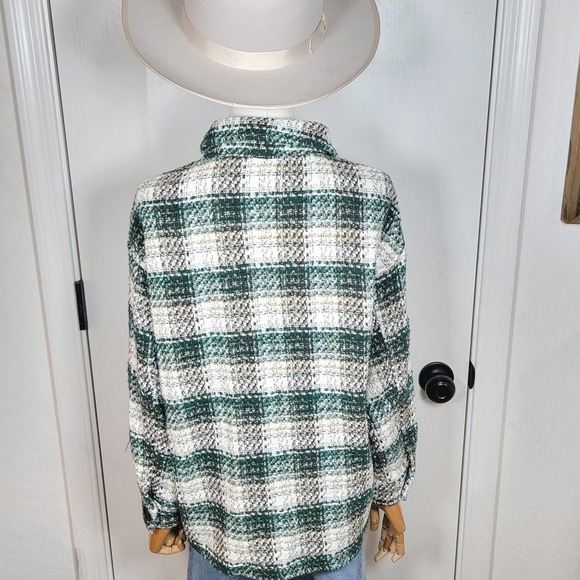 ZARA Italian Fabric Plaid Flannel Jacket Button Up Shacket Green Check M - Picture 3 of 8